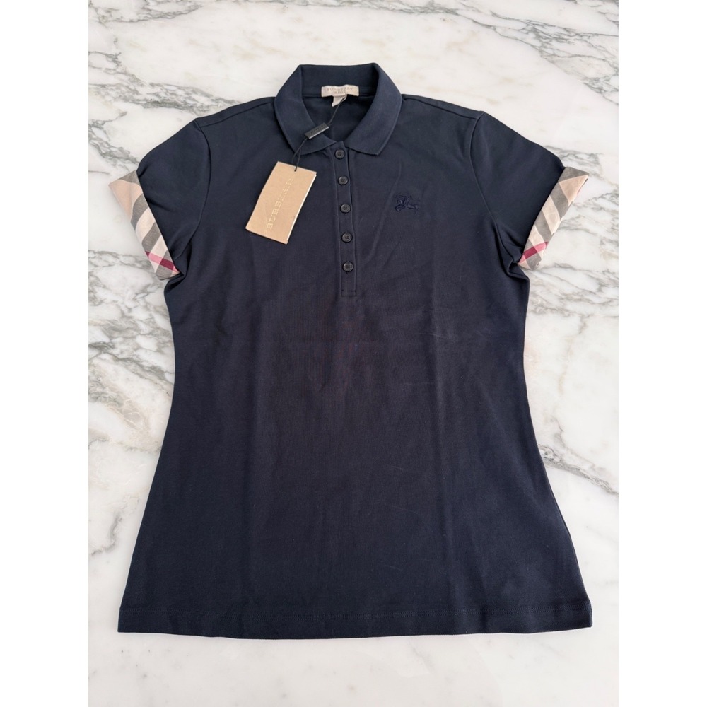 Authentic Burberry BRIT Women's Navy Blue Polo Nova Check Accent Size S
